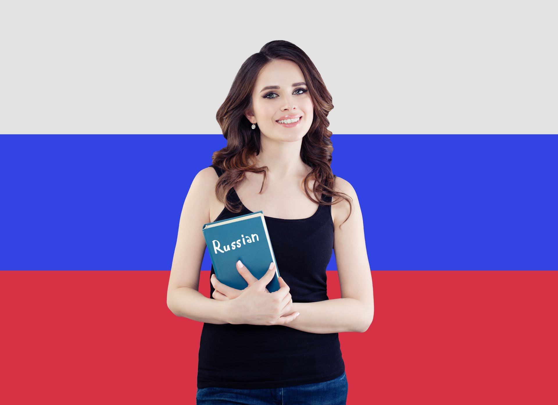 Beautiful happy woman student with textbook on the Russian Federation flag background. Learn russian language